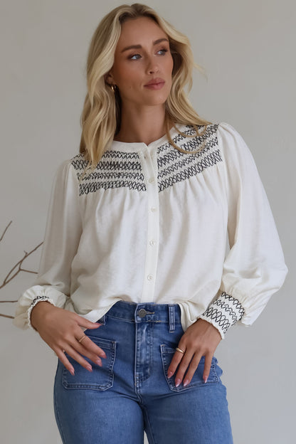 Leif Blouse - Mandarin Collar Button Down Blouse with Contrast Embroidering in Black