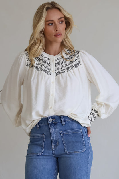 Leif Blouse - Mandarin Collar Button Down Blouse with Contrast Embroidering in Black