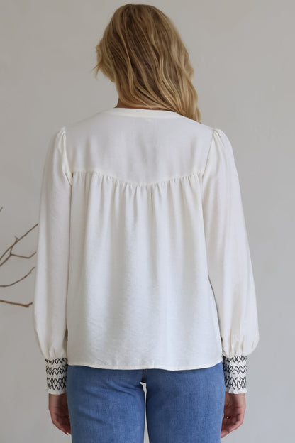 Leif Blouse - Mandarin Collar Button Down Blouse with Contrast Embroidering in Black