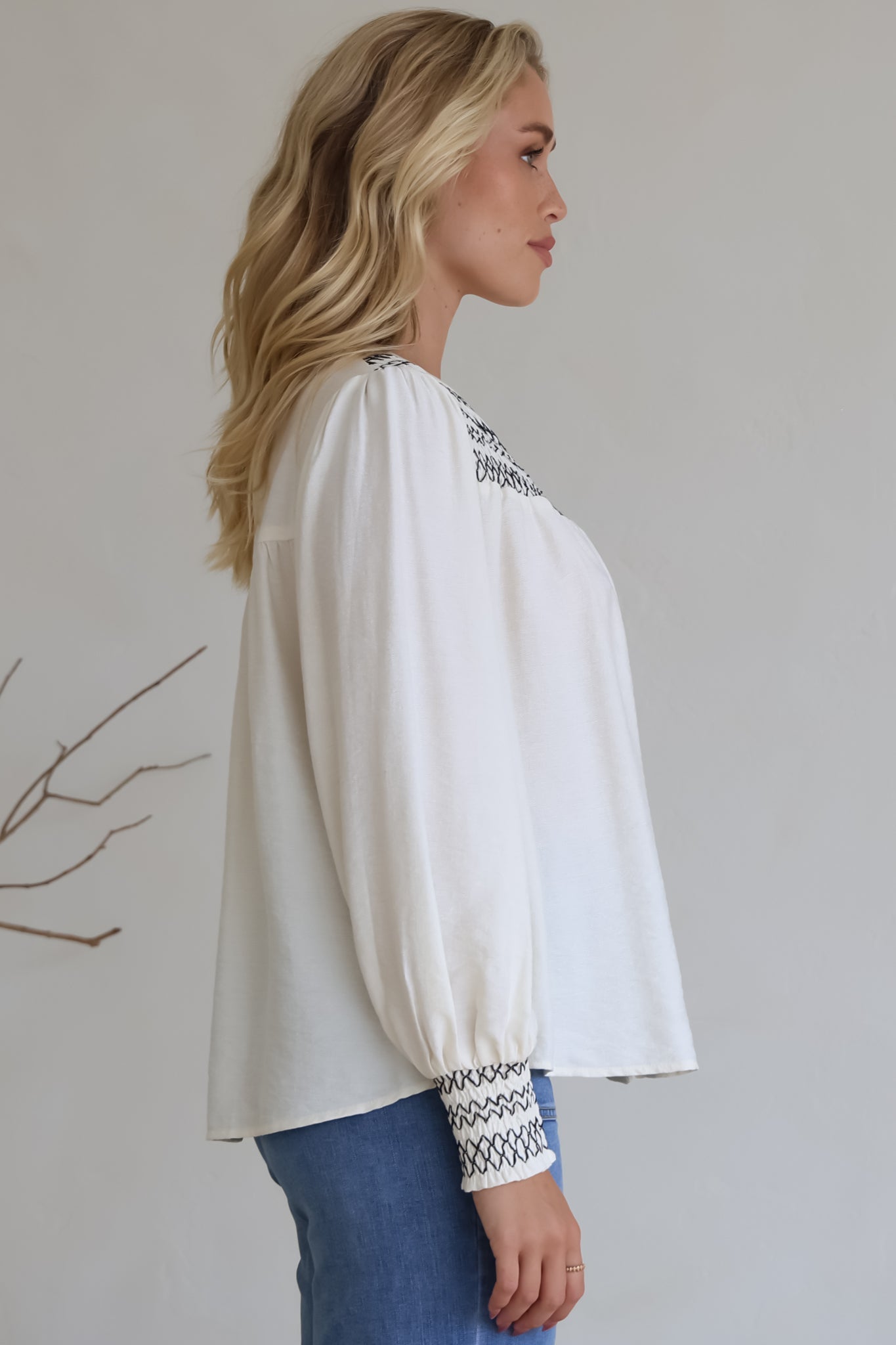 Leif Blouse - Mandarin Collar Button Down Blouse with Contrast Embroidering in Black