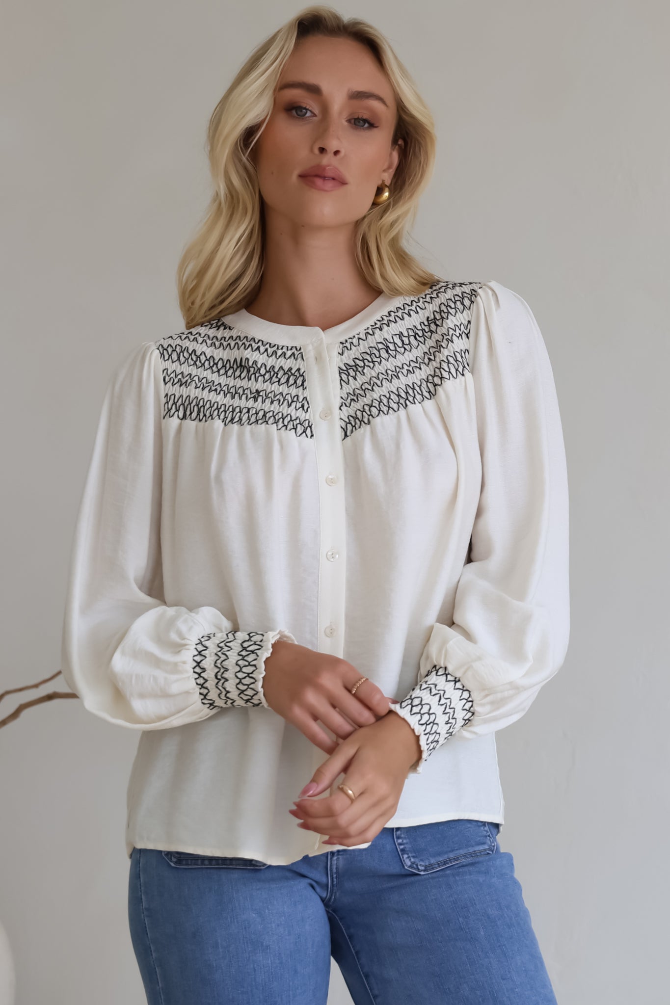 Leif Blouse - Mandarin Collar Button Down Blouse with Contrast Embroidering in Black