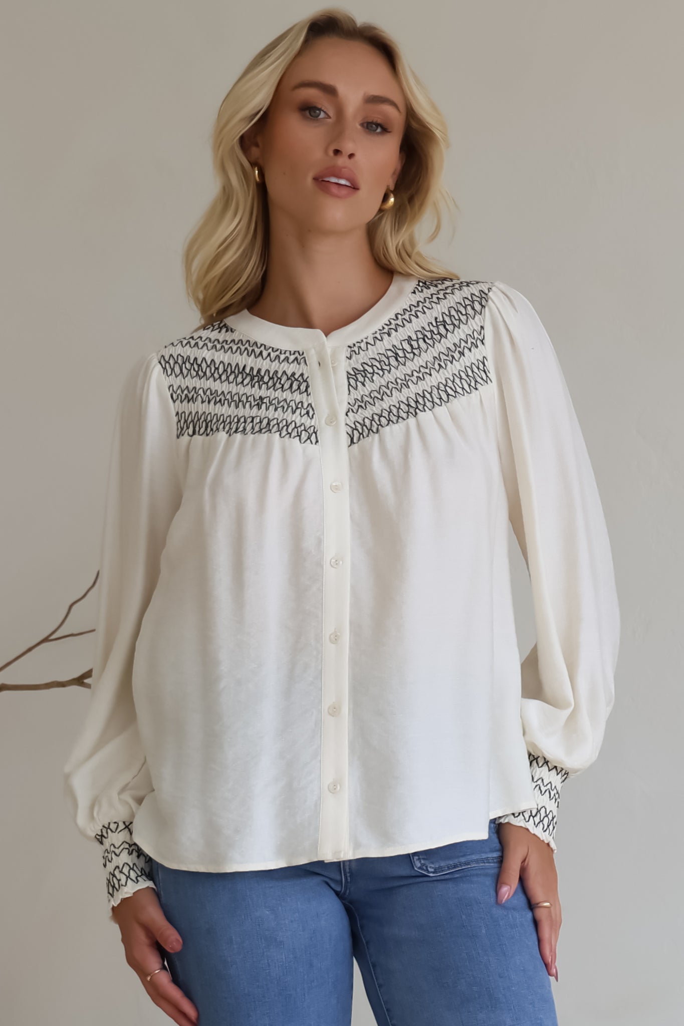 Leif Blouse - Mandarin Collar Button Down Blouse with Contrast Embroidering in Black