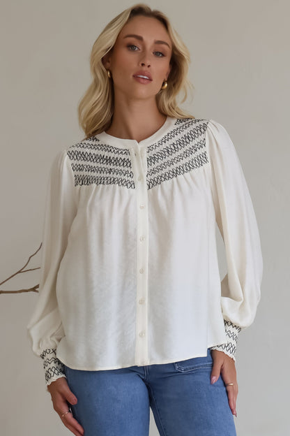 Leif Blouse - Mandarin Collar Button Down Blouse with Contrast Embroidering in Black