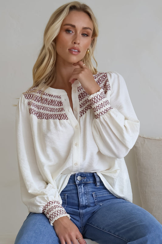 Leif Blouse - Mandarin Collar Button Down Blouse with Contrast Embroidering in Red