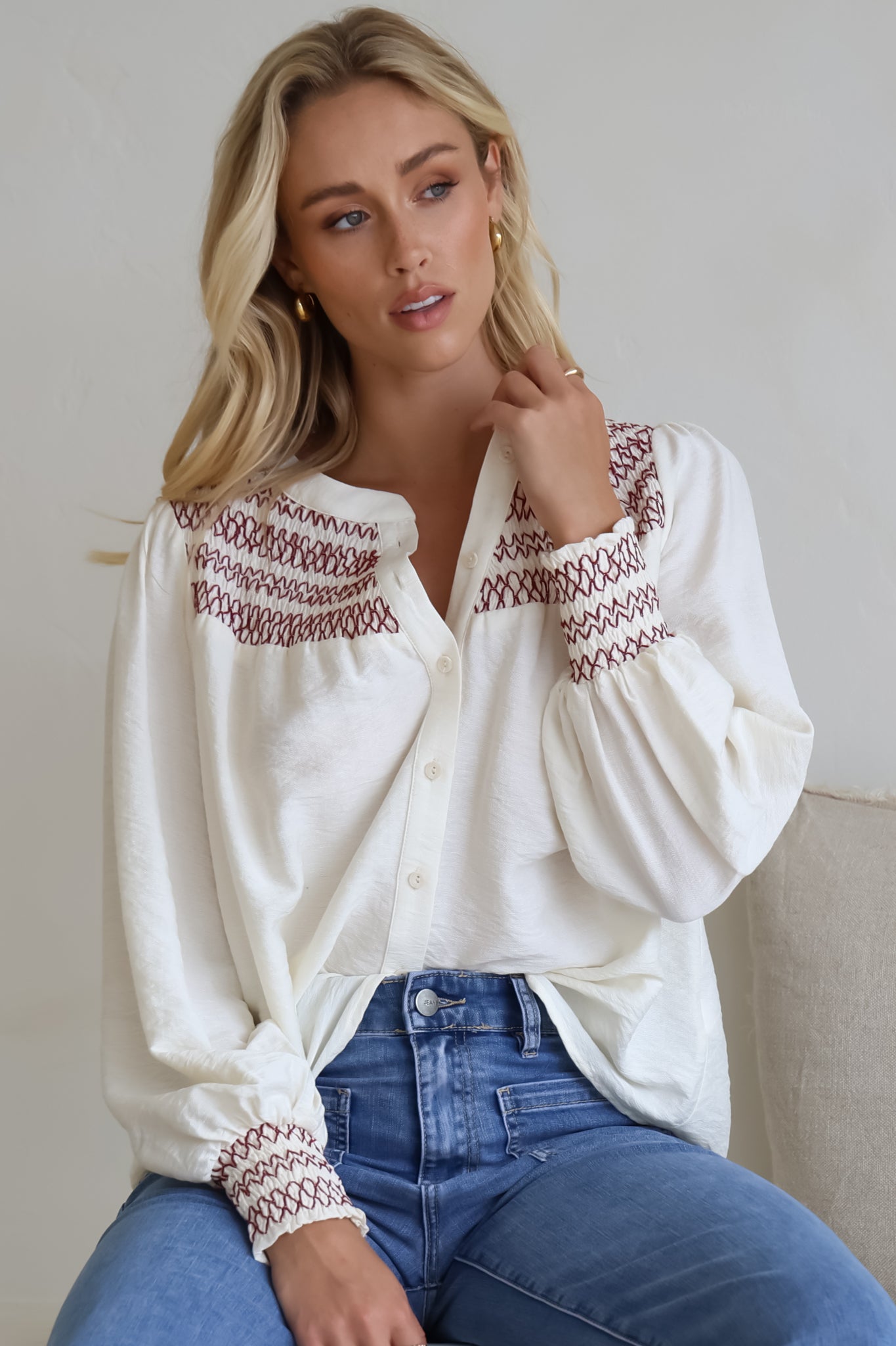 Leif Blouse - Mandarin Collar Button Down Blouse with Contrast Embroidering in Red