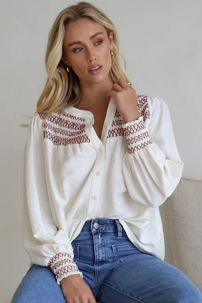 Leif Blouse - Mandarin Collar Button Down Blouse with Contrast Embroidering in Red