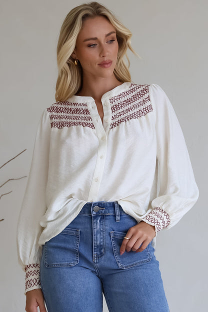 Leif Blouse - Mandarin Collar Button Down Blouse with Contrast Embroidering in Red