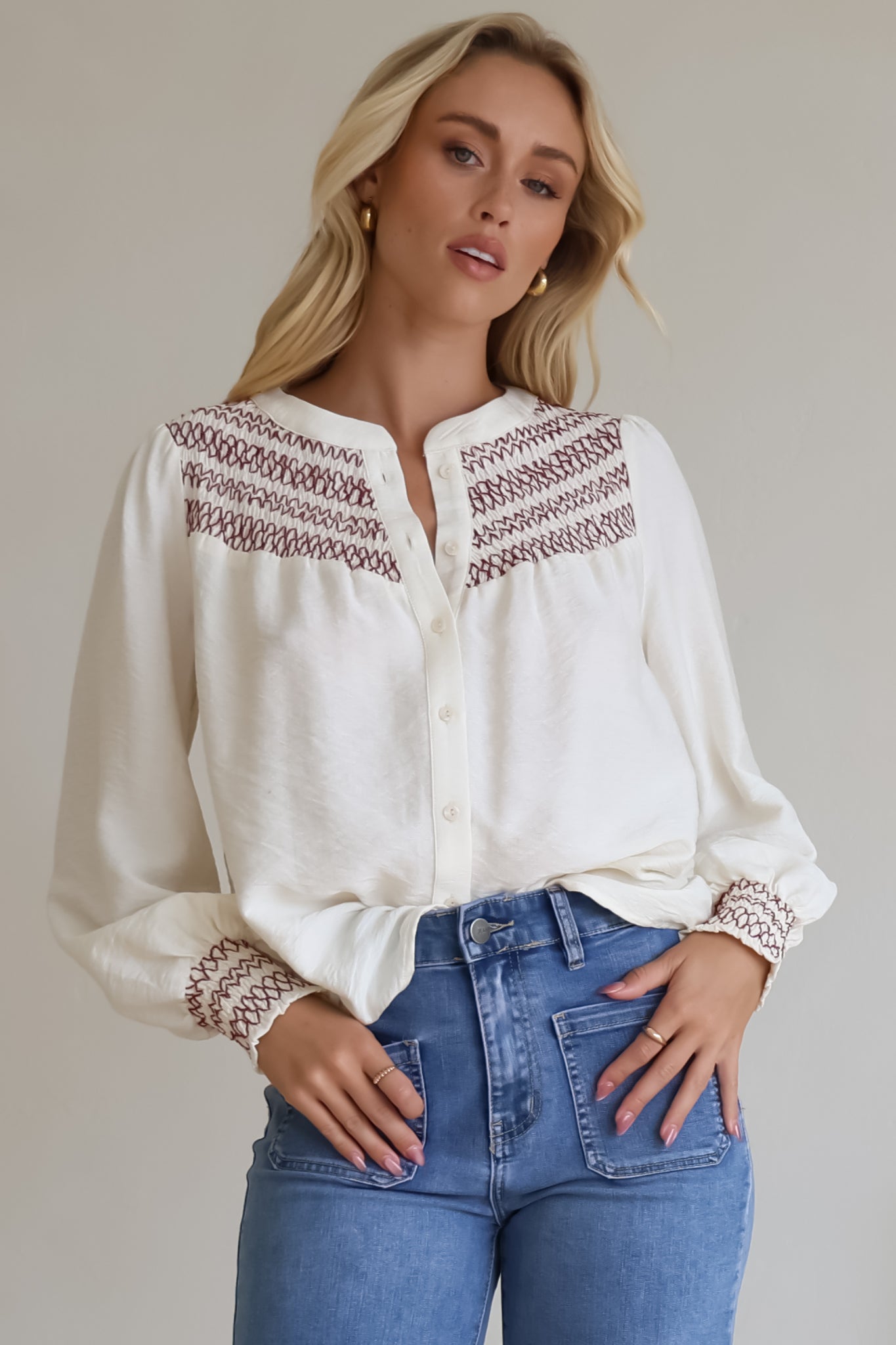 Leif Blouse - Mandarin Collar Button Down Blouse with Contrast Embroidering in Red