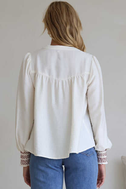 Leif Blouse - Mandarin Collar Button Down Blouse with Contrast Embroidering in Red