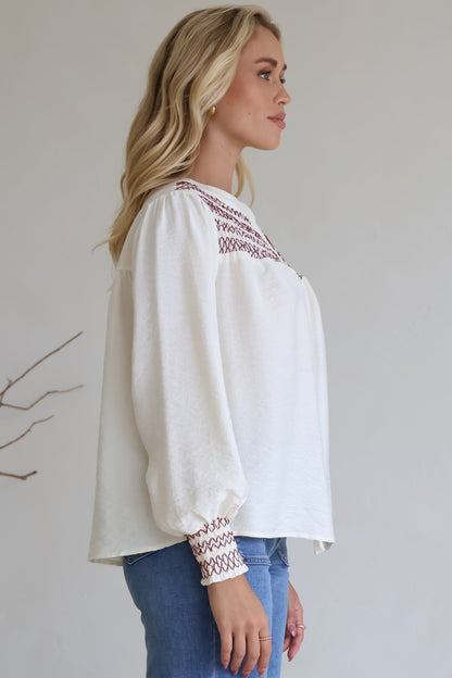 Leif Blouse - Mandarin Collar Button Down Blouse with Contrast Embroidering in Red