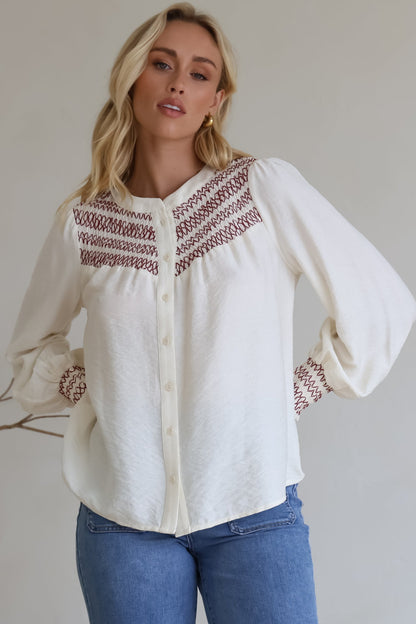 Leif Blouse - Mandarin Collar Button Down Blouse with Contrast Embroidering in Red