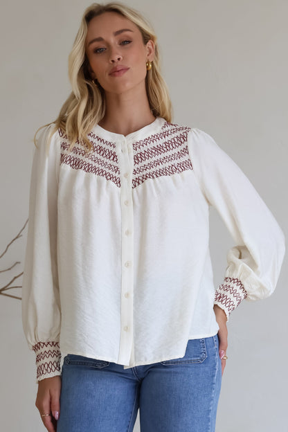 Leif Blouse - Mandarin Collar Button Down Blouse with Contrast Embroidering in Red