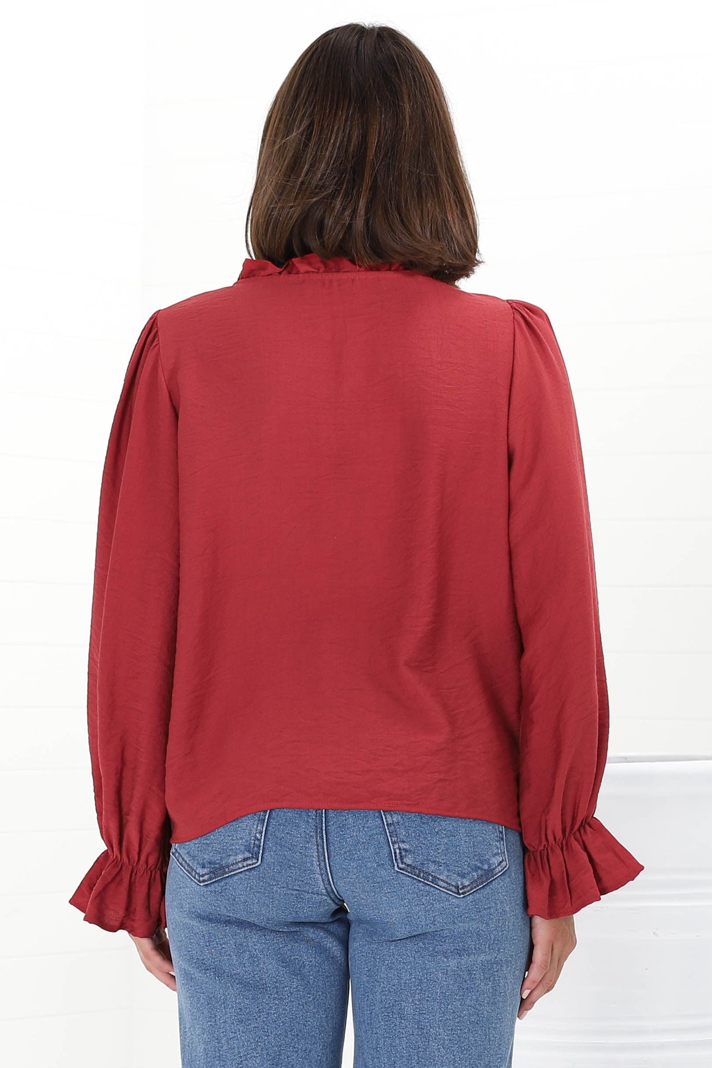 Lucian Blouse - Frill Neckline Pull Over Floral Decal Blouse in Red