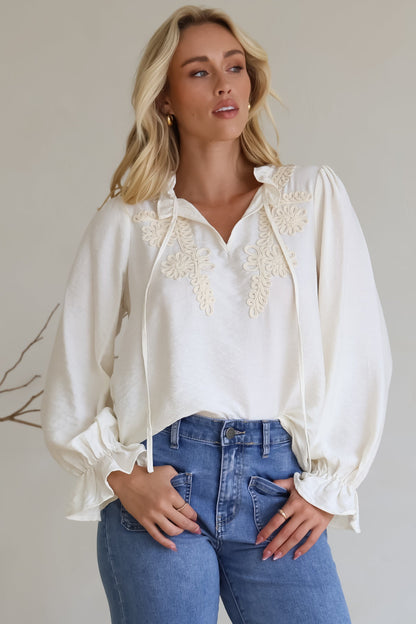 Lucian Blouse - Frill Neckline Pull Over Floral Decal Blouse in Cream