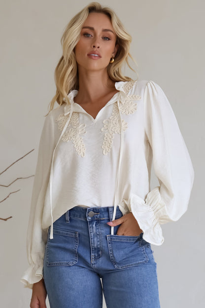 Lucian Blouse - Frill Neckline Pull Over Floral Decal Blouse in Cream