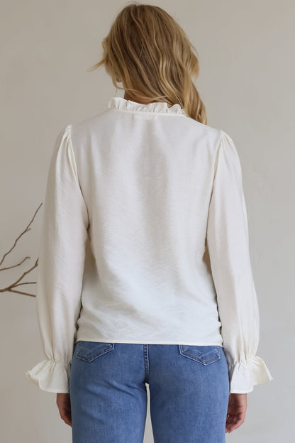 Lucian Blouse - Frill Neckline Pull Over Floral Decal Blouse in Cream