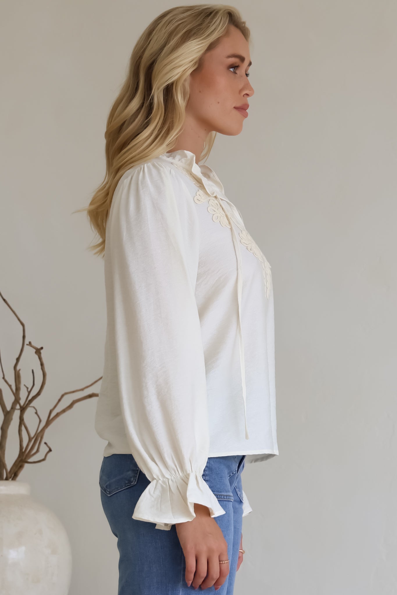 Lucian Blouse - Frill Neckline Pull Over Floral Decal Blouse in Cream