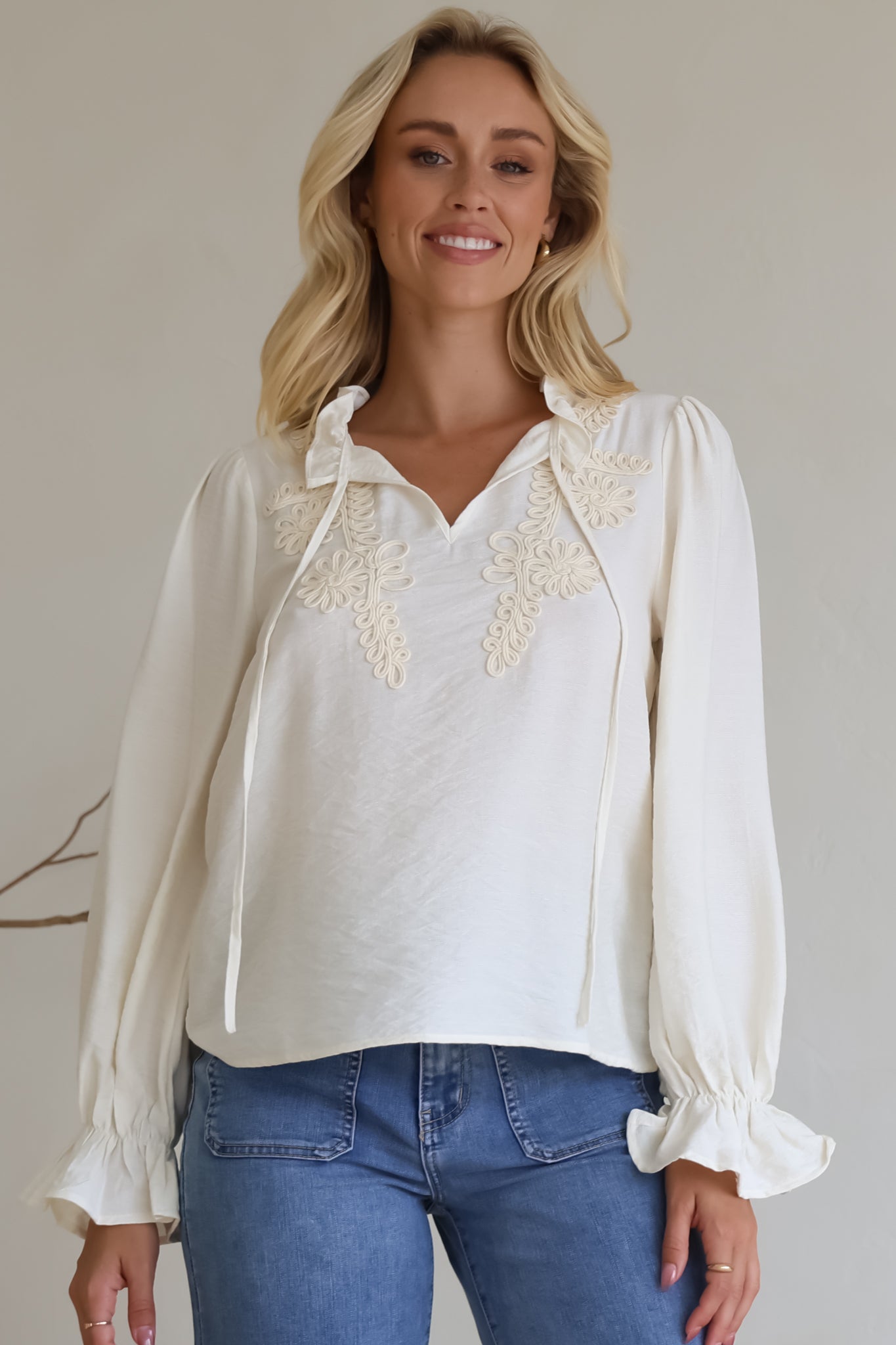 Lucian Blouse - Frill Neckline Pull Over Floral Decal Blouse in Cream