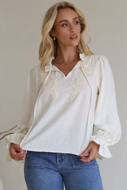 Lucian Blouse - Frill Neckline Pull Over Floral Decal Blouse in Cream