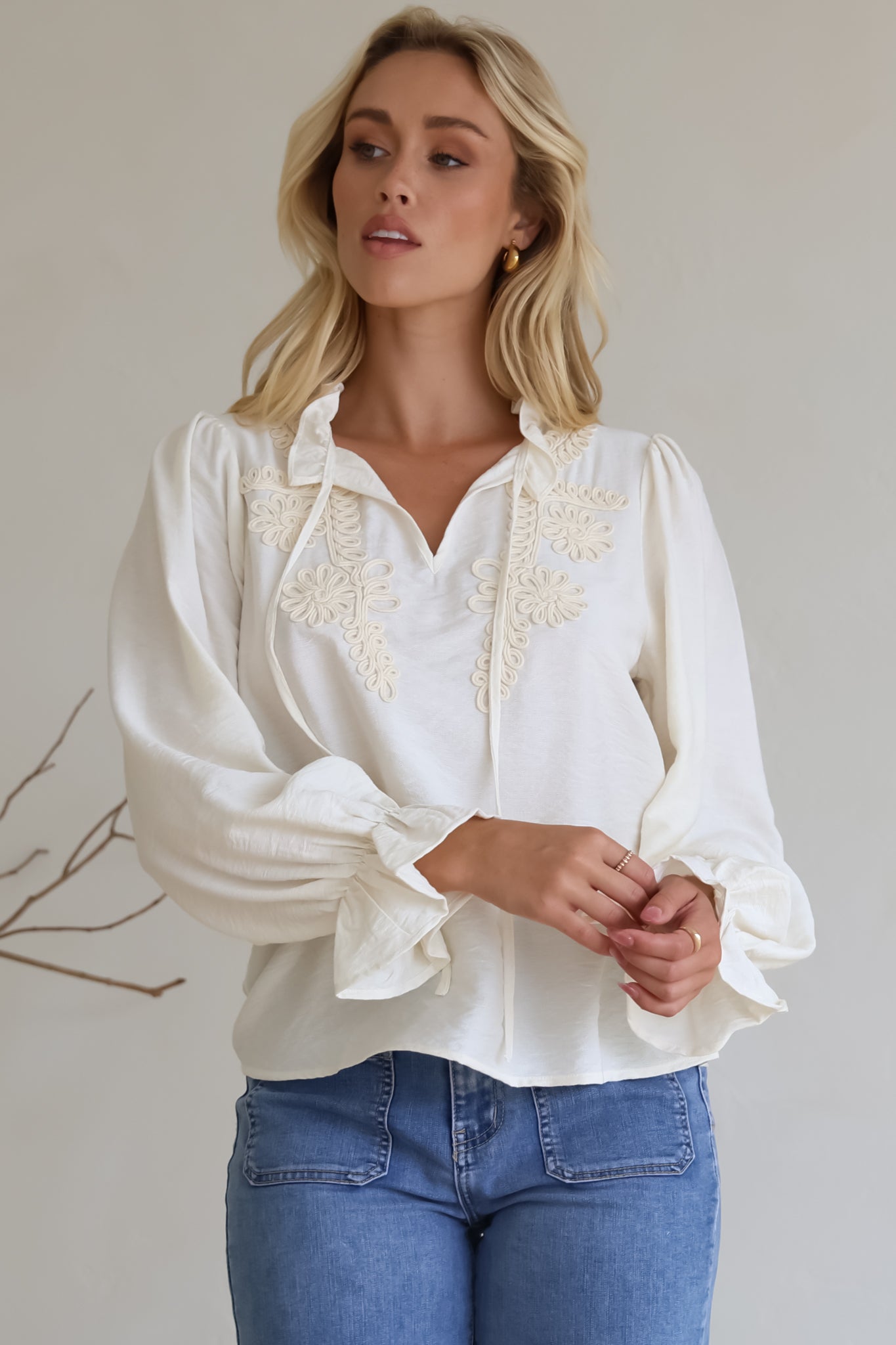Lucian Blouse - Frill Neckline Pull Over Floral Decal Blouse in Cream