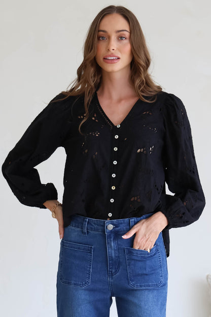 Marise Blouse - Hollow Out Embroidered Button Down Blouse in Black