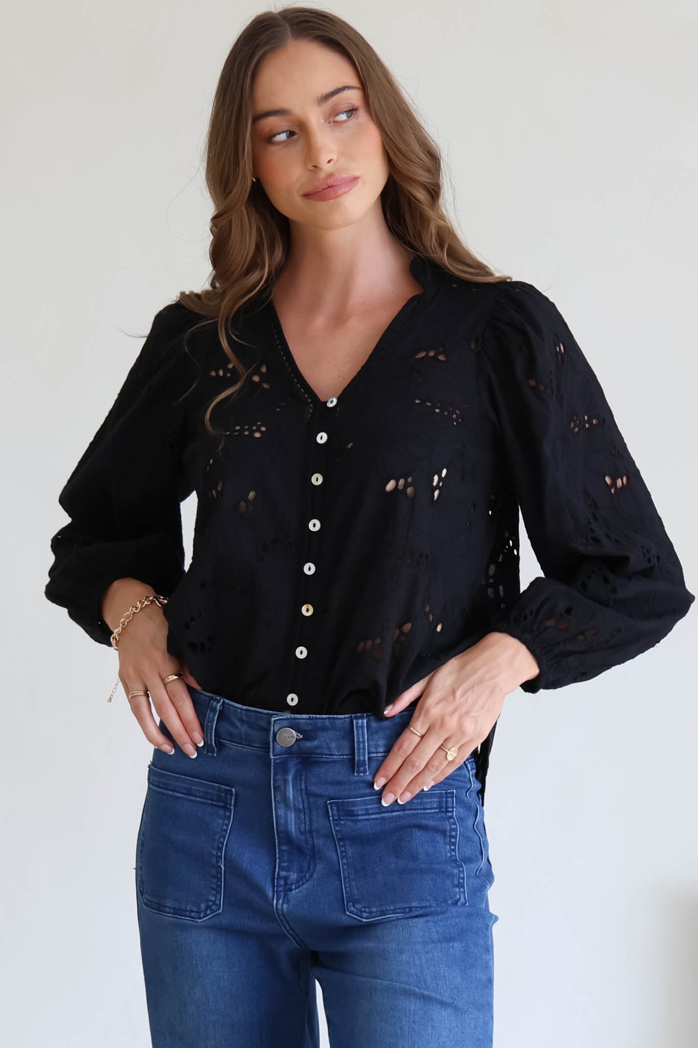 Marise Blouse - Hollow Out Embroidered Button Down Blouse in Black