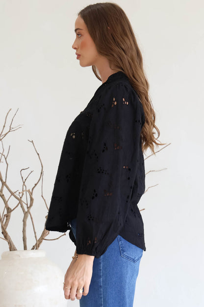 Marise Blouse - Hollow Out Embroidered Button Down Blouse in Black