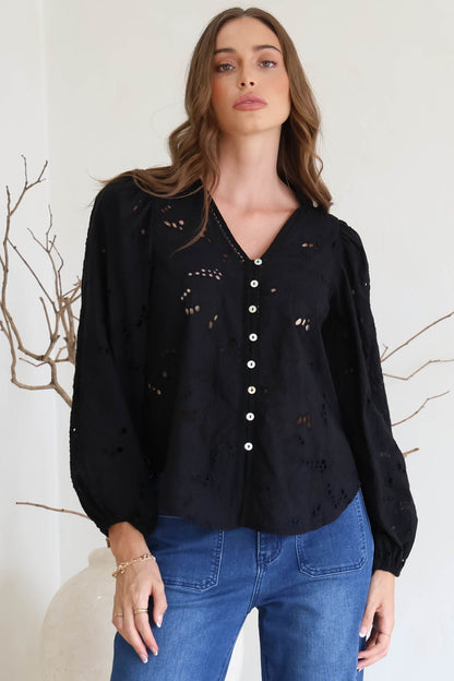 Marise Blouse - Hollow Out Embroidered Button Down Blouse in Black