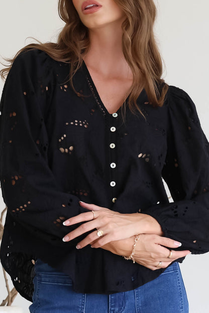 Marise Blouse - Hollow Out Embroidered Button Down Blouse in Black