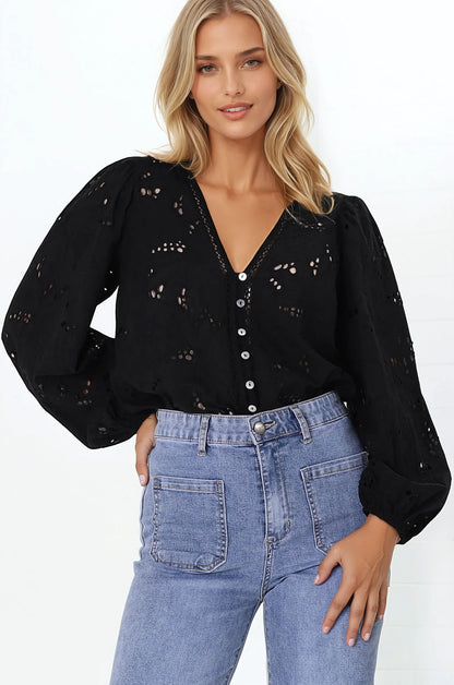 Marise Blouse - Hollow Out Embroidered Button Down Blouse in Black