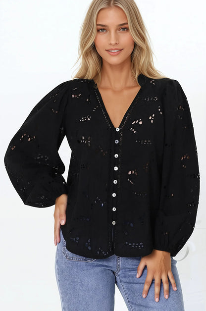 Marise Blouse - Hollow Out Embroidered Button Down Blouse in Black