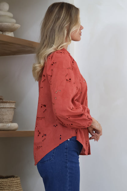 Marise Blouse - Hollow Out Embroidered Button Down Blouse in Rust