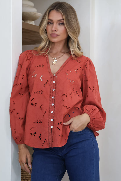 Marise Blouse - Hollow Out Embroidered Button Down Blouse in Rust