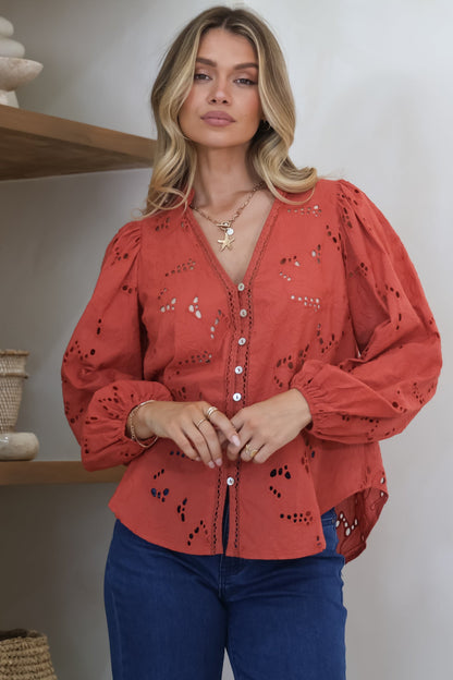 Marise Blouse - Hollow Out Embroidered Button Down Blouse in Rust