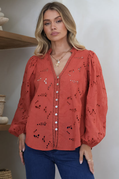 Marise Blouse - Hollow Out Embroidered Button Down Blouse in Rust