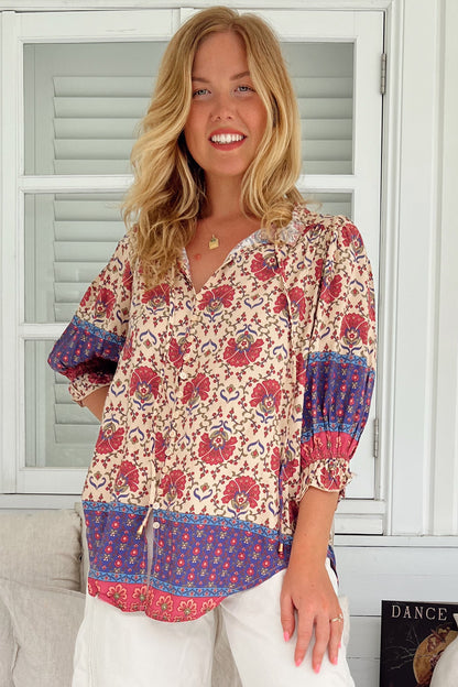 JAASE - Mason Blouse: Scoop Hemline Button Down Blouse in Bohemia Print