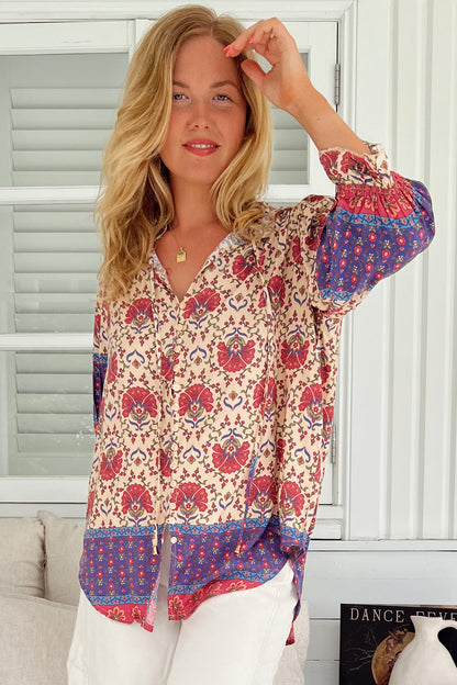 JAASE - Mason Blouse: Scoop Hemline Button Down Blouse in Bohemia Print