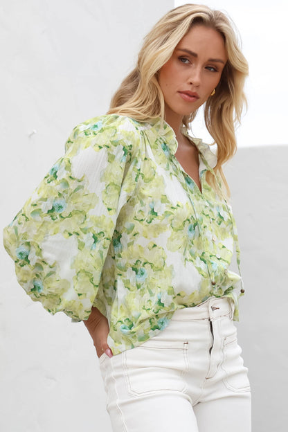 Moree Blouse - Frill Collar Neck Tie Button Down Shirt in Franc Print Lime