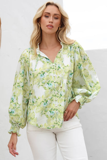 Moree Blouse - Frill Collar Neck Tie Button Down Shirt in Franc Print Lime