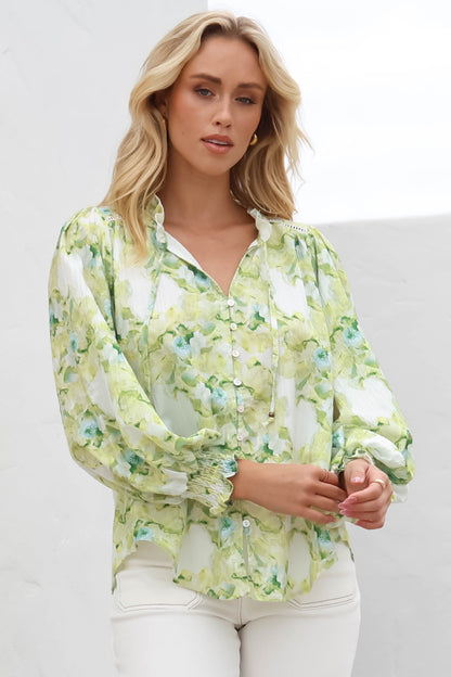 Moree Blouse - Frill Collar Neck Tie Button Down Shirt in Franc Print Lime