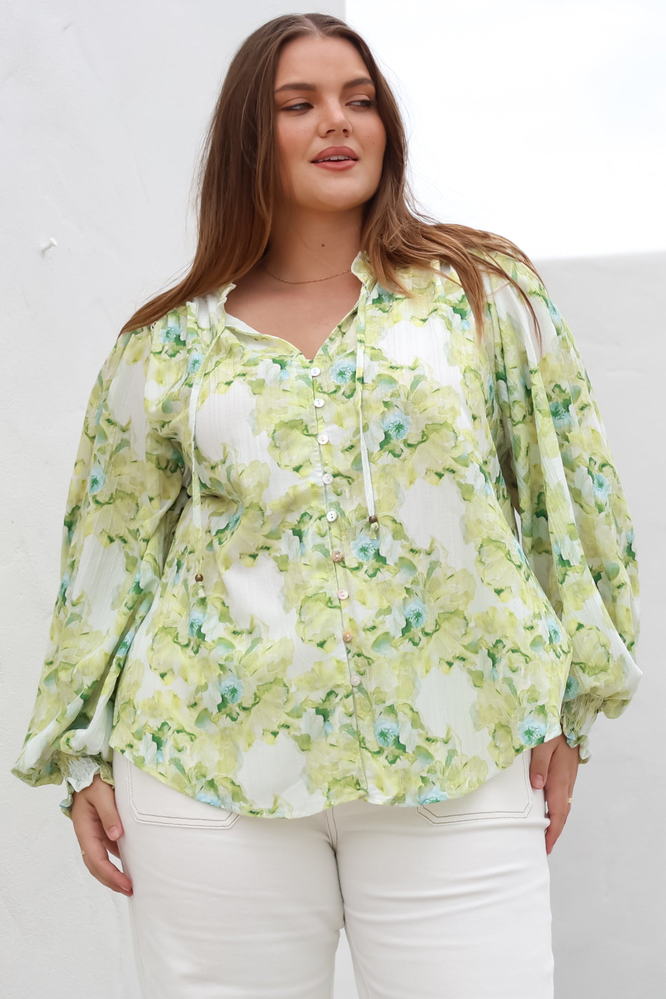 Moree Blouse - Frill Collar Neck Tie Button Down Shirt in Franc Print Lime