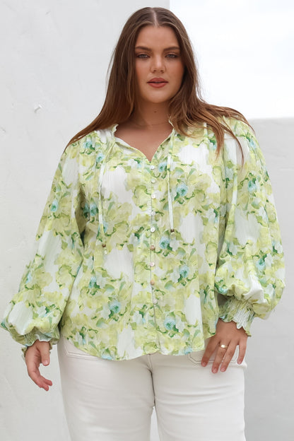 Moree Blouse - Frill Collar Neck Tie Button Down Shirt in Franc Print Lime