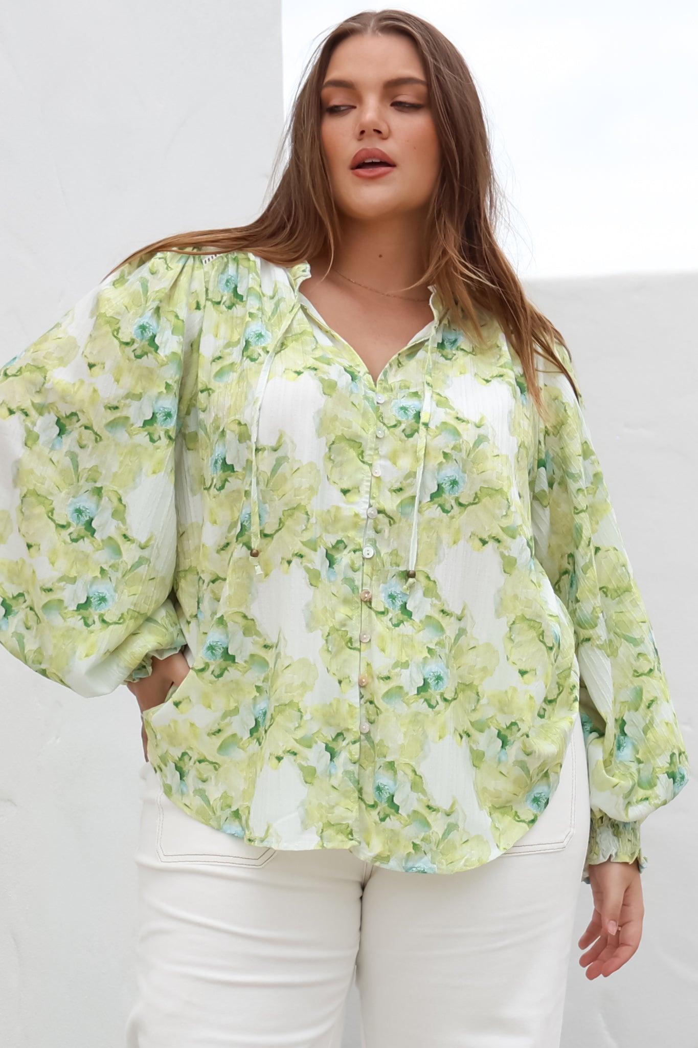 Moree Blouse - Frill Collar Neck Tie Button Down Shirt in Franc Print Lime