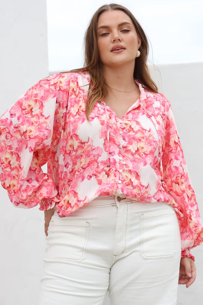 Moree Blouse - Frill Collar Neck Tie Button Down Shirt in Franc Print Pink