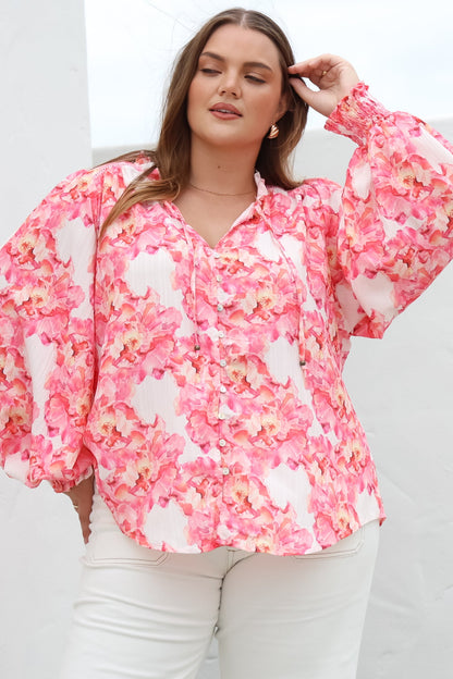 Moree Blouse - Frill Collar Neck Tie Button Down Shirt in Franc Print Pink