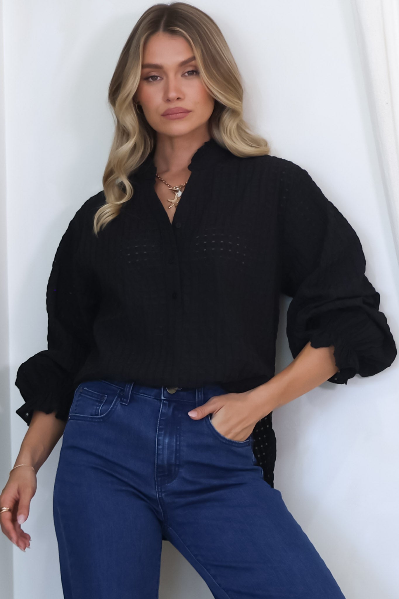 Morgan Blouse - Frill Collar Button Down Textured Blouse with Balloon Sleeves in Black