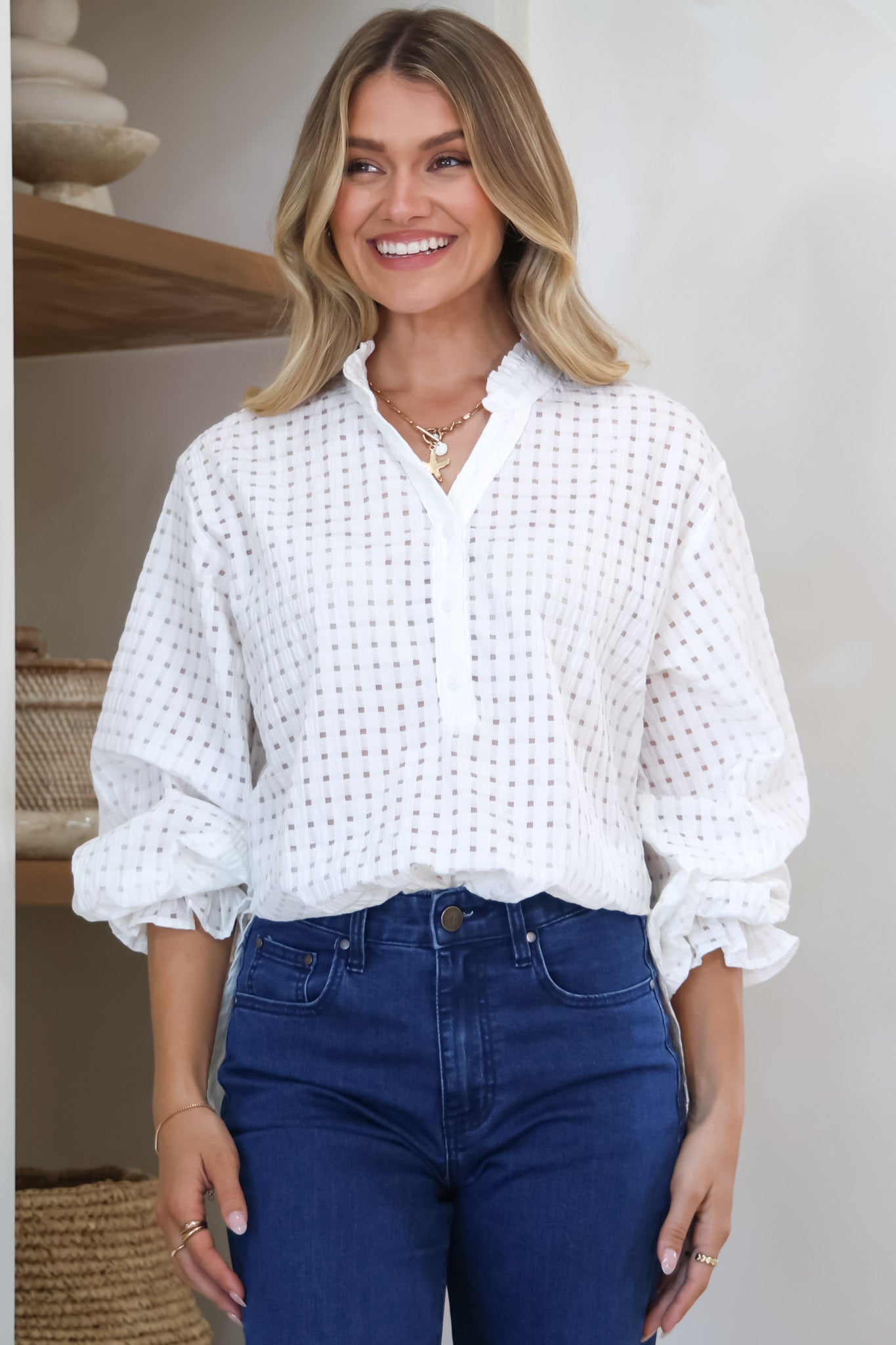 Morgan Blouse - Frill Collar Button Down Textured Blouse with Balloon Sleeves in White