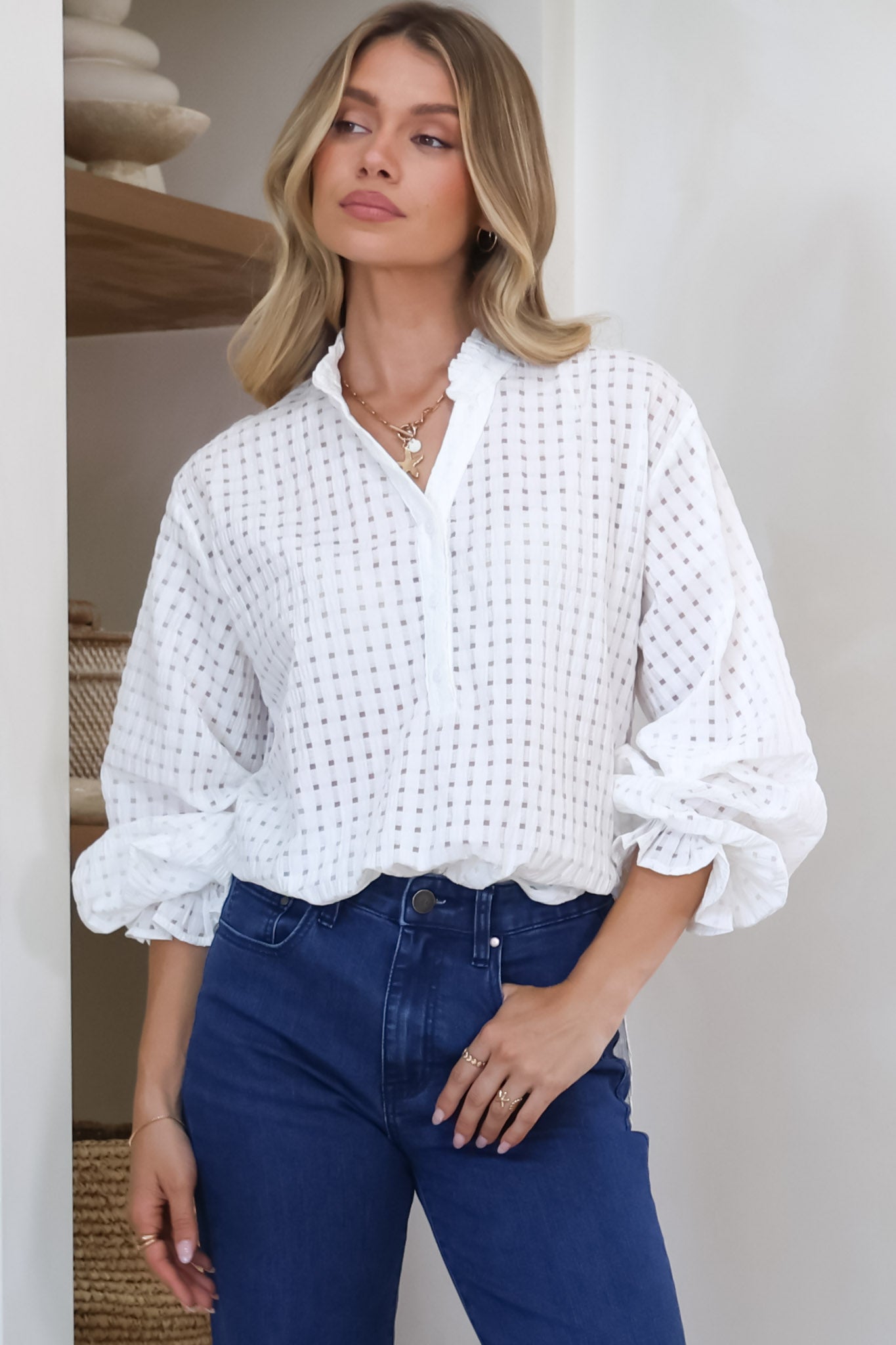 Morgan Blouse - Frill Collar Button Down Textured Blouse with Balloon Sleeves in White