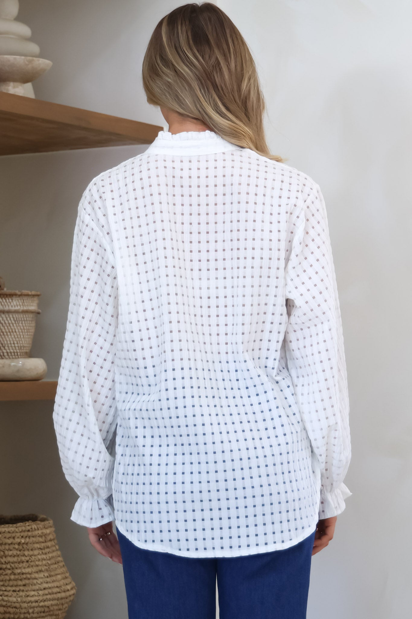 Morgan Blouse - Frill Collar Button Down Textured Blouse with Balloon Sleeves in White