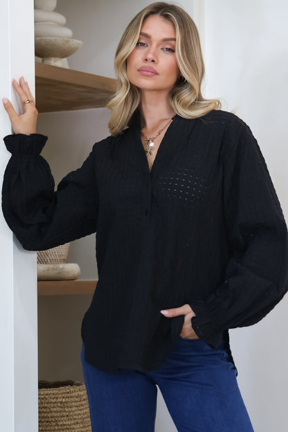 Morgan Blouse - Frill Collar Button Down Textured Blouse with Balloon Sleeves in Black
